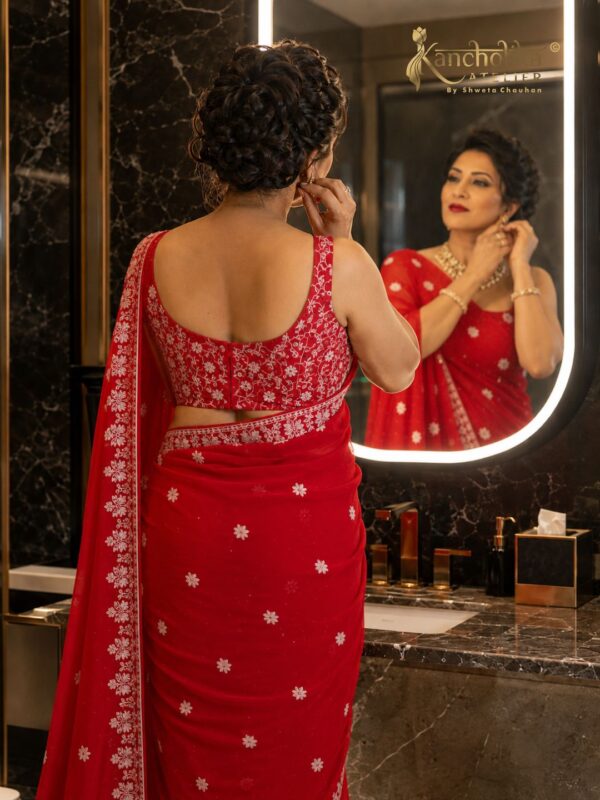 Red Chikankari Mirror Work Georgette Saree | Kancholika