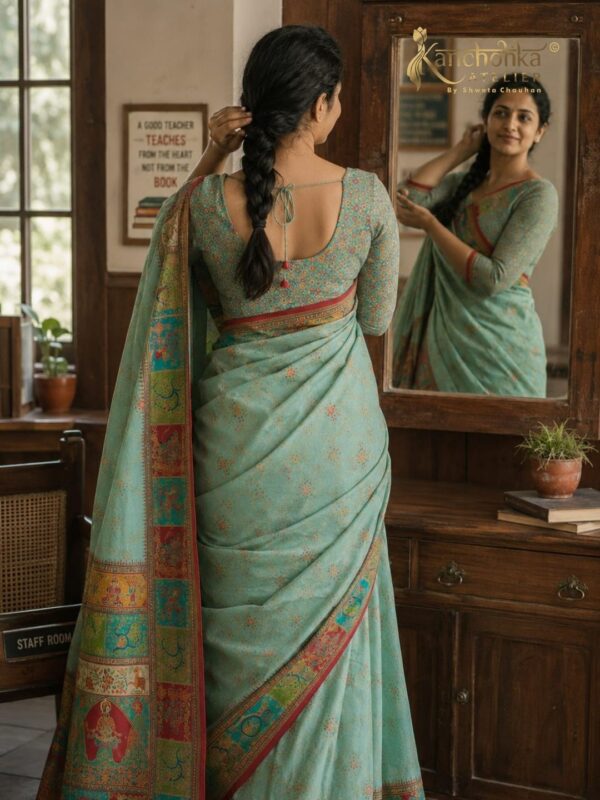 Sea Green Floral & Bird Print Pure Silk Saree | Kancholika