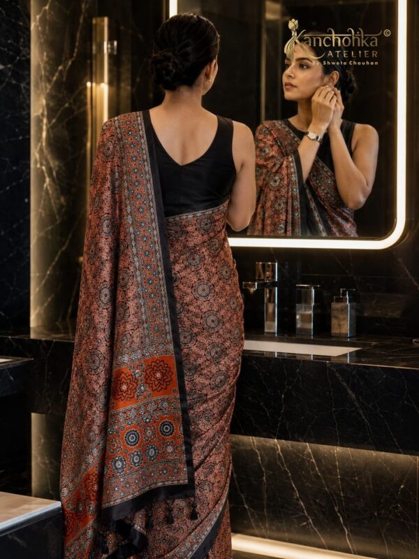 Rust Orange Ajrakh Digital Print Satin Saree | Kancholika