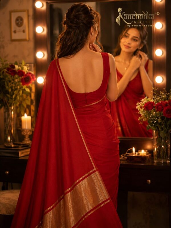 Red Modal Silk Saree with Gold Langda Patti | Kancholika