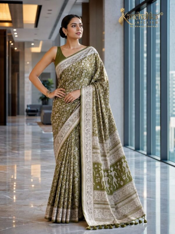 Olive Green & White Tribal Art Saree — Earthy Elegance, Traditional Charm|Kancholika