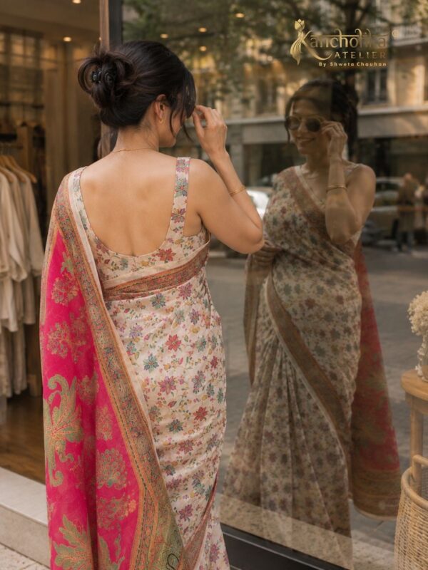 Off-White Floral Digital Print Silk Saree | Kancholika
