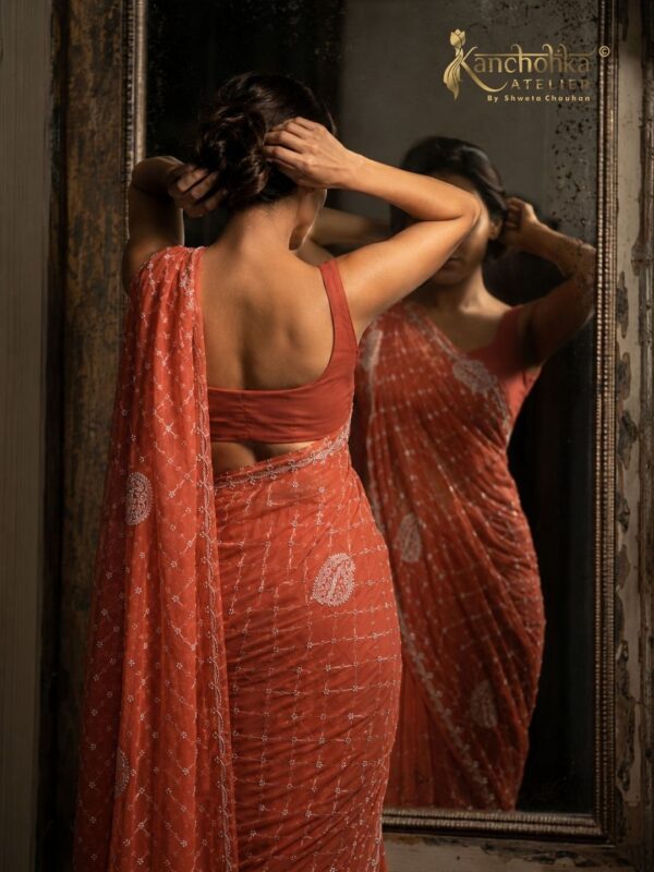Rustic Orange Chikankari Georgette Saree | Kancholika