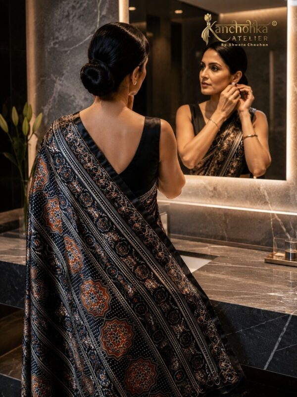 Black Ajrakh Print Satin Saree Mirror work