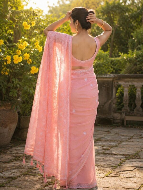 Peach Chikankari Georgette Saree | Kancholika