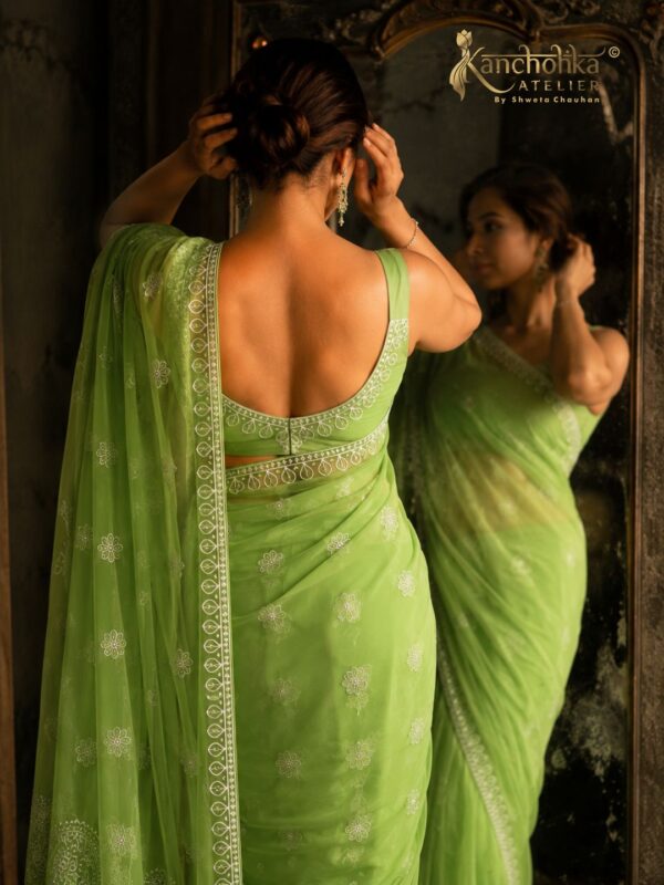 Parrot Green Chikankari Georgette Saree | Kancholika