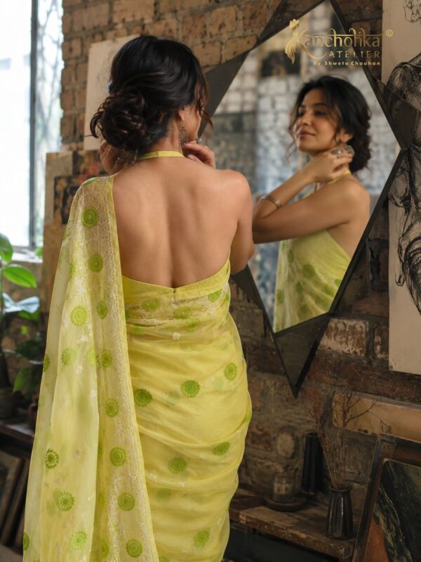 Yellow Chikankari Georgette Saree with Green Floral Motifs | Kancholika