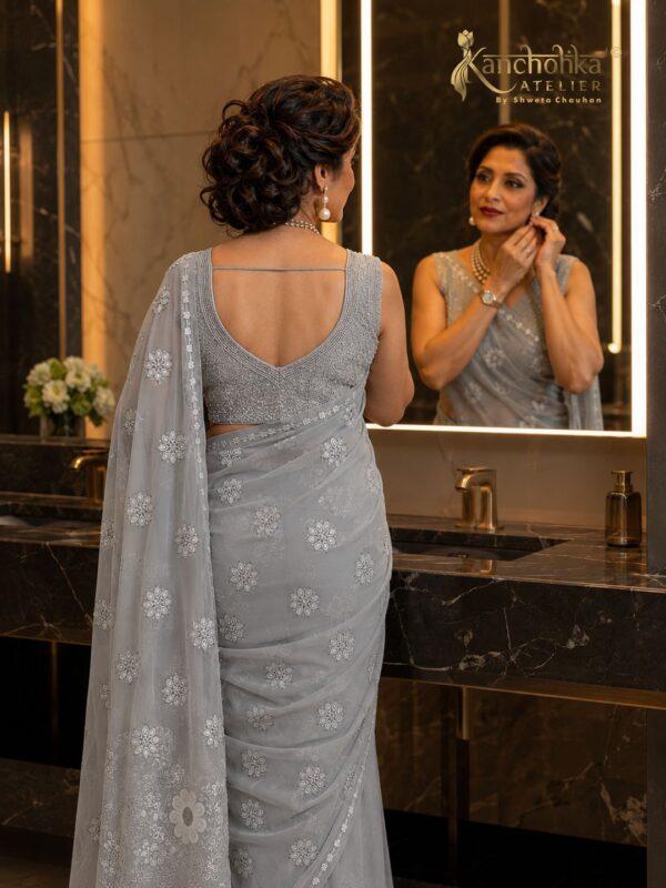 Grey Chikankari Georgette Saree | Kancholika