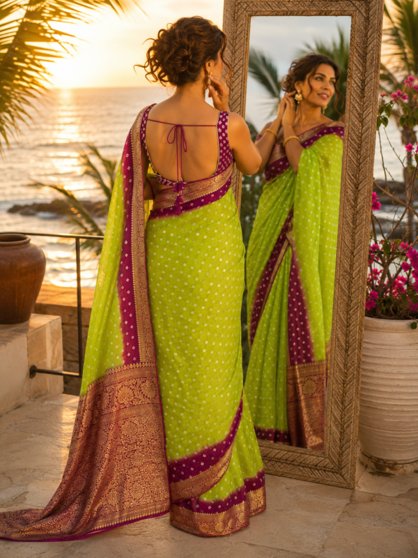 Green Gajji Silk Bandhani Saree | Kancholika