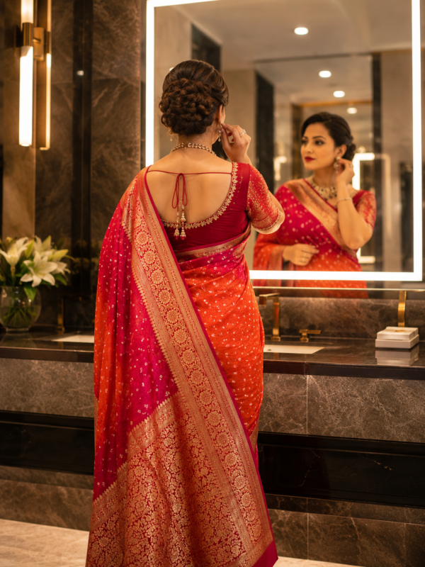 Red Gajji Silk Bandhani Pattern Saree | Kancholika