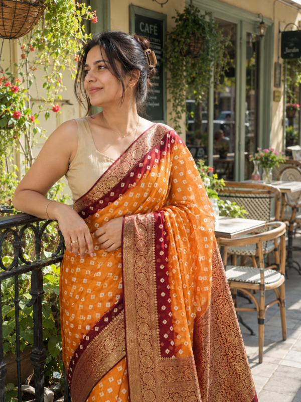 Orange Gajji Silk Bandhani Pattern Saree | Kancholika
