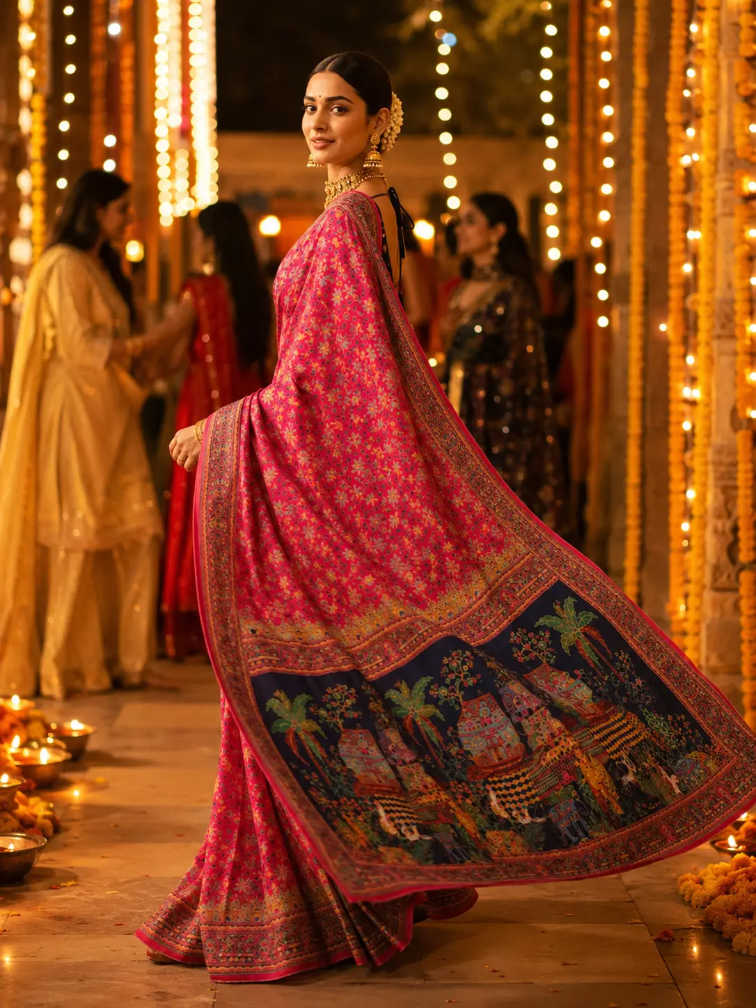 Pink Banarasi Silk Saree with Scenic Palav & Floral Motifs|Kancholika - Image 3