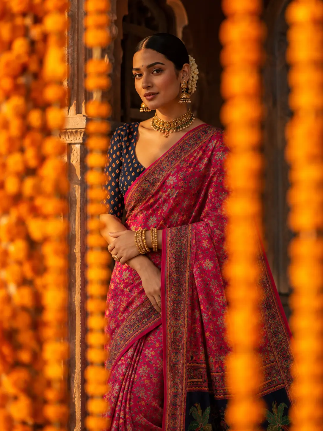 Pink Banarasi Silk Saree with Scenic Palav & Floral Motifs|Kancholika - Image 2