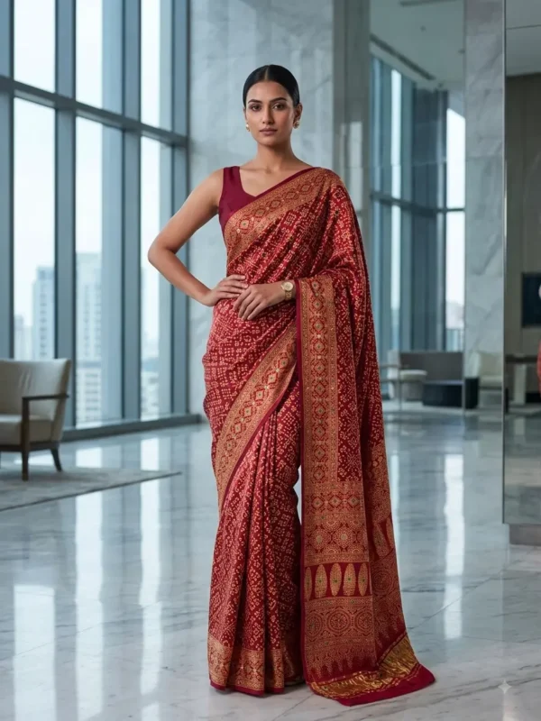 Kancholika Ajrakh Modal Silk Saree with Mirror Art & Heritage Print|Kancholika