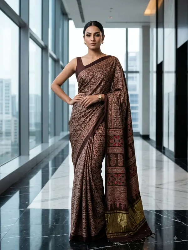 Brown Ajrakh Modal Silk Saree Heritage Print | Kancholika