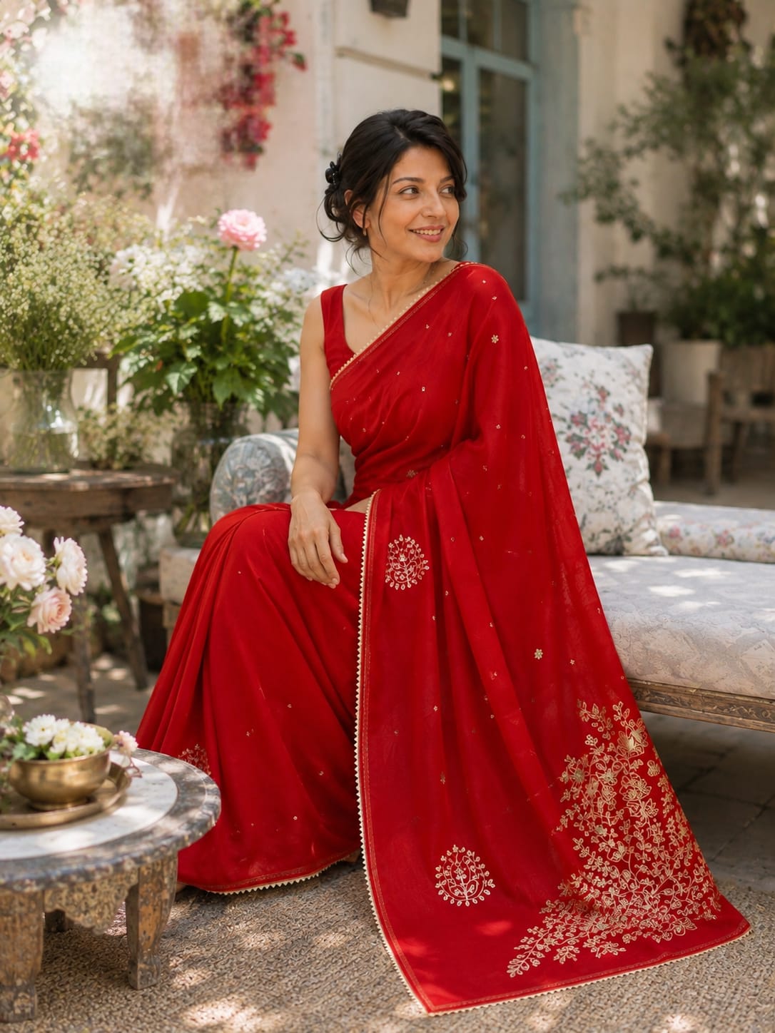 Red Georgette Floral Embroidered Saree | Kancholika - Image 5