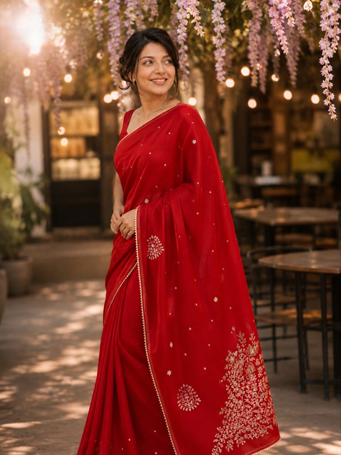 Red Georgette Floral Embroidered Saree | Kancholika - Image 3