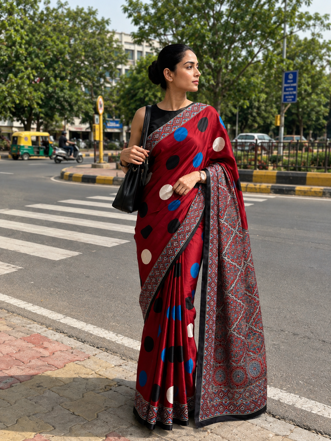 Red Polka Dot Printed Silk Saree | Kancholika - Image 5