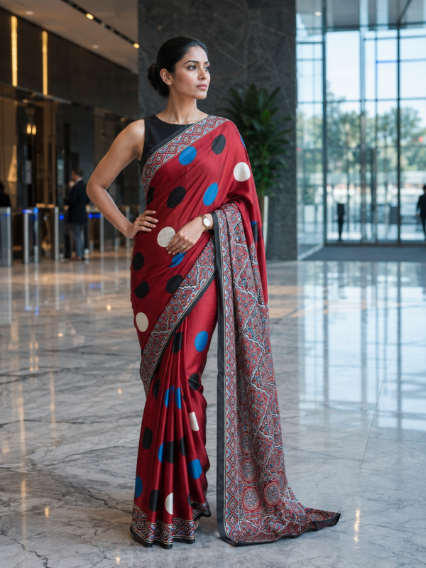 Red Polka Dot Printed Silk Saree | Kancholika