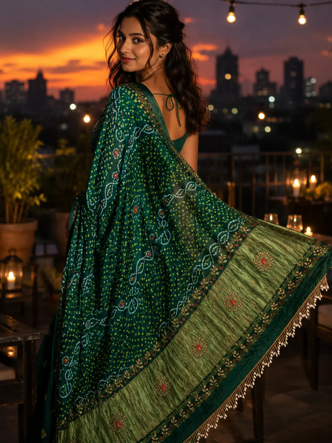 Kancholika Emerald Green Pure Gaji Silk Bandhani Saree with Zari Woven Pallu| Kancholika - Image 5