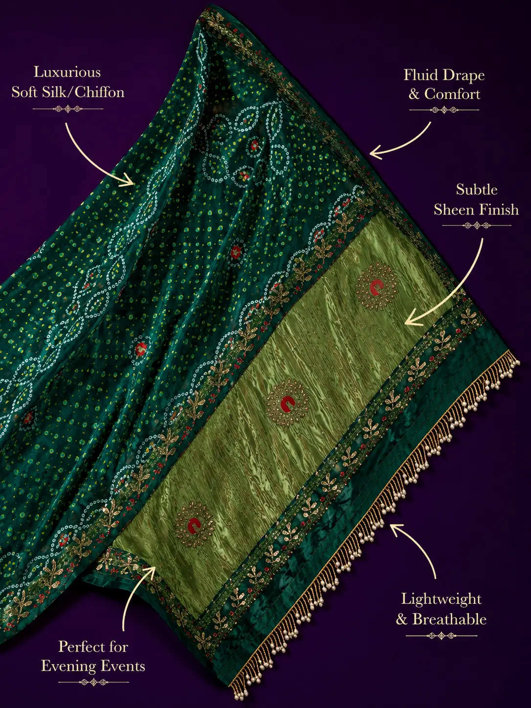 Kancholika Emerald Green Pure Gaji Silk Bandhani Saree with Zari Woven Pallu| Kancholika - Image 2