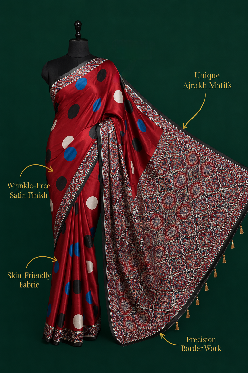 Red Polka Dot Printed Silk Saree | Kancholika - Image 2