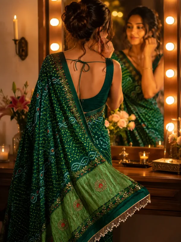 Kancholika Emerald Green Pure Gaji Silk Bandhani Saree with Zari Woven Pallu| Kancholika