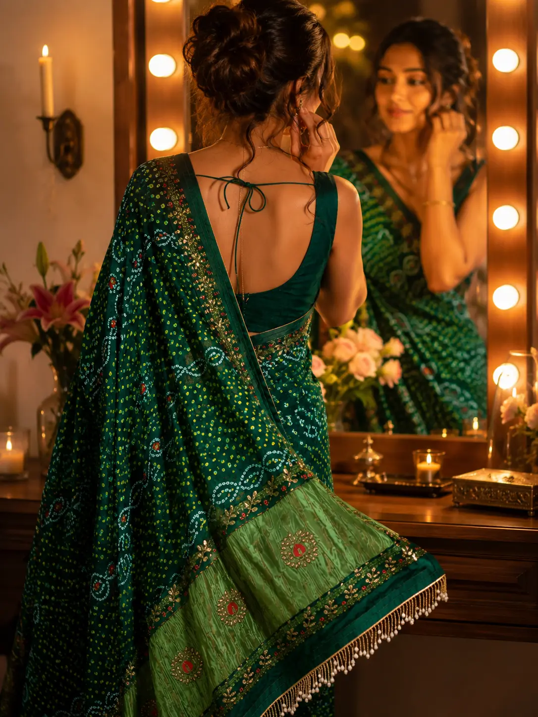 vibrant emerald green pure Gaji silk Bandhani saree