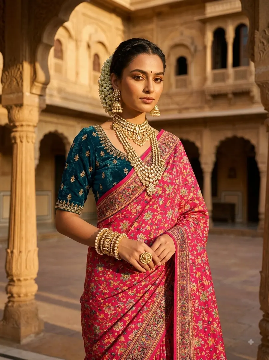 Pink Banarasi Silk Saree with Scenic Palav & Floral Motifs|Kancholika - Image 5