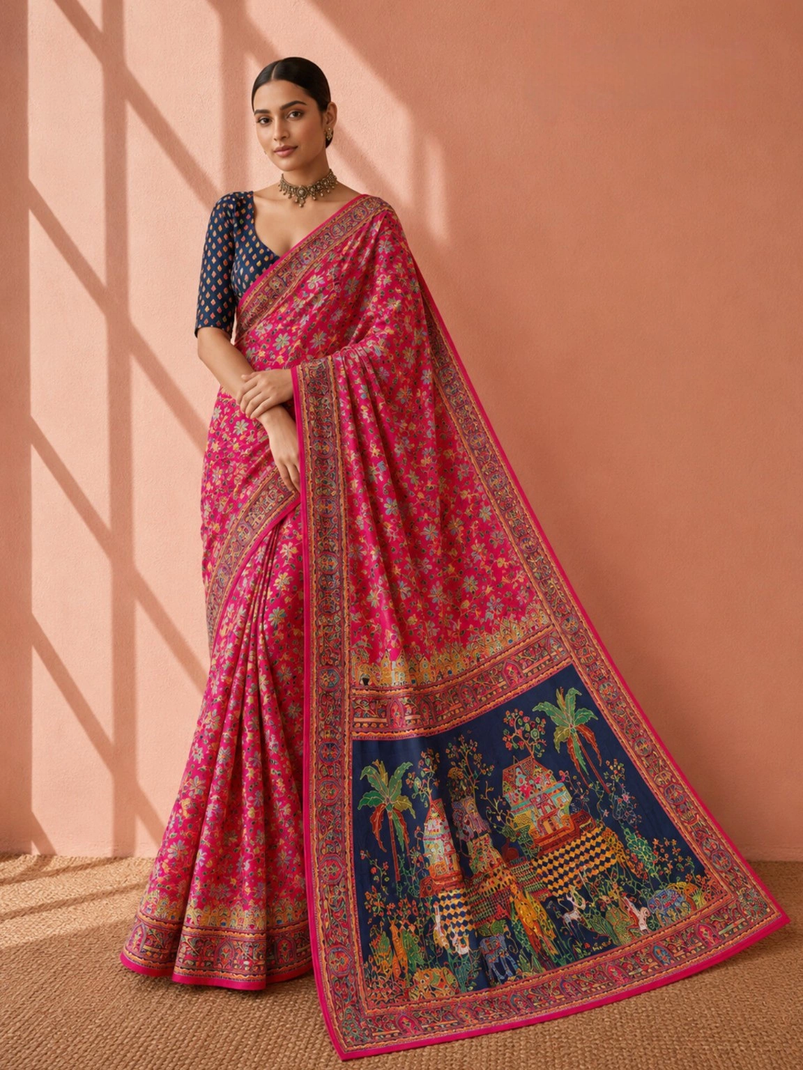 Pink Banarasi Silk Saree with Scenic Palav & Floral Motifs|Kancholika - Image 4