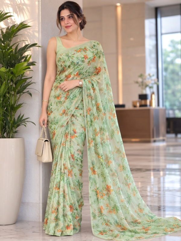 Mint Green Floral Chiffon Bandhani Saree| Kancholika