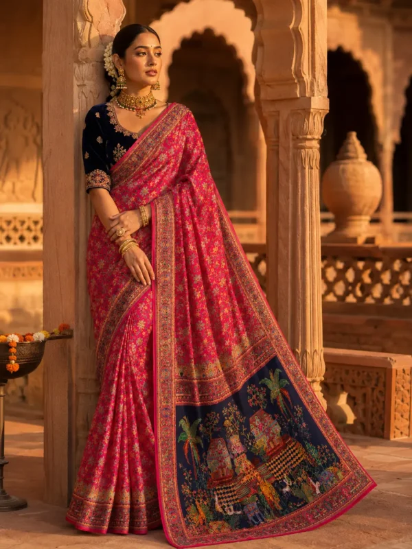 Pink Banarasi Silk Saree with Scenic Palav & Floral Motifs|Kancholika
