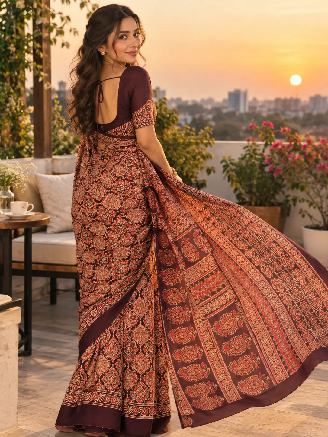 Royal Maroon Traditional Modal Silk Ajrakh Saree |Kancholika - Image 5