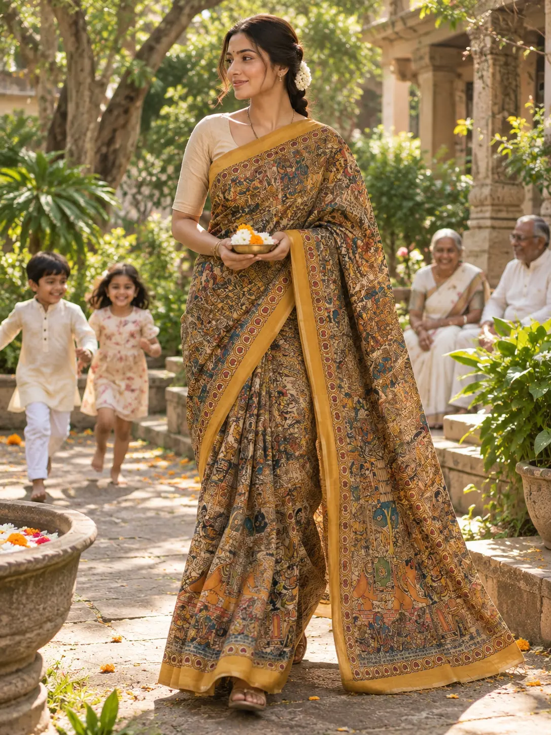 Mustard Yellow Handcrafted Khadi Tussar Saree with Traditional Motifs |Kancholika - Image 6