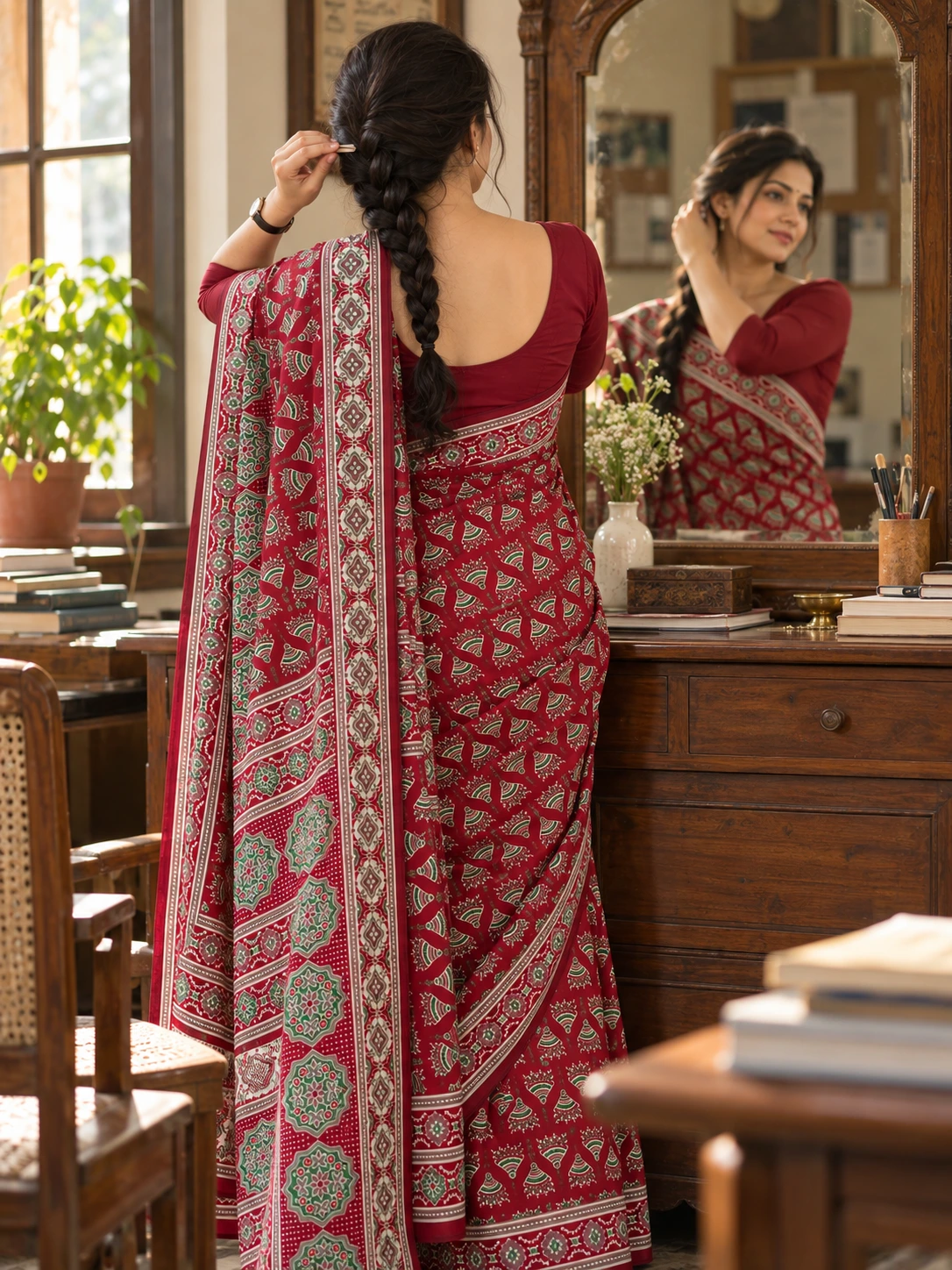 andcrafted Heritage: Rich Red & Green Block-Printed Cotton-Linen Saree