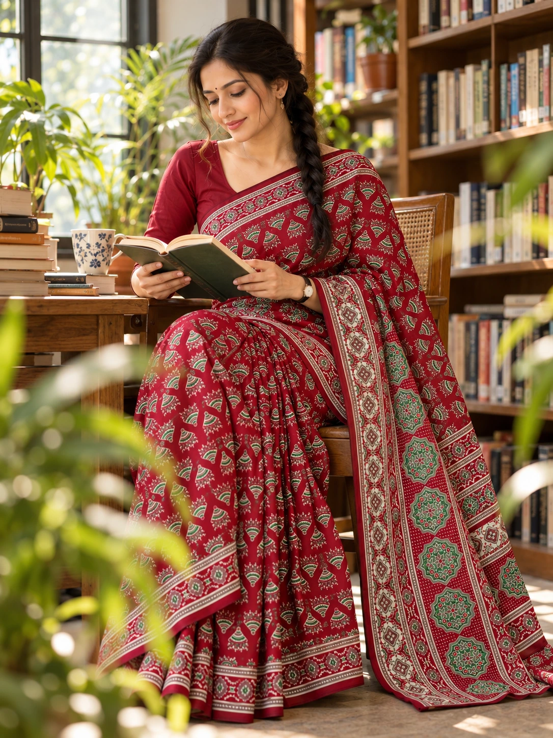 Rich Red & Green Block-Printed Cotton-Linen Saree | Kancholika - Image 5