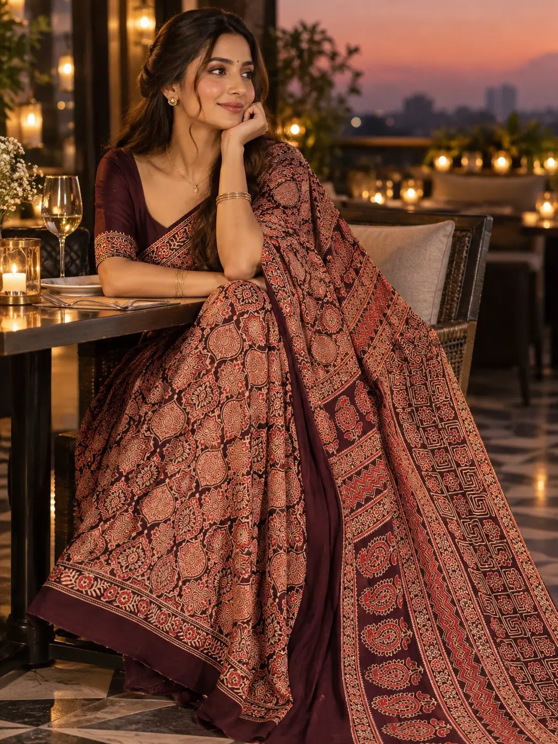Royal Maroon Traditional Modal Silk Ajrakh Saree |Kancholika - Image 2