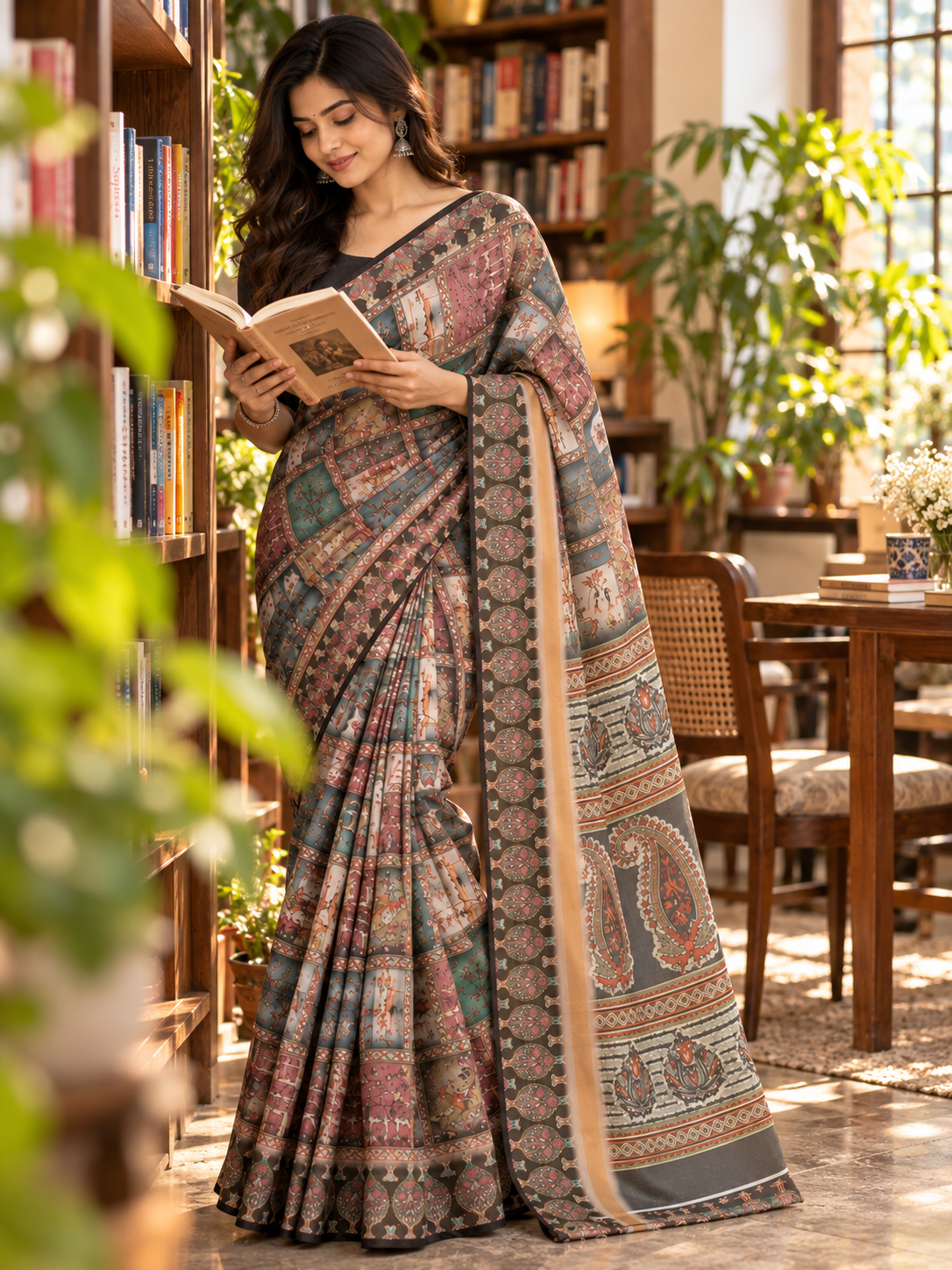 Charcoal & Rose Patchwork Print Madhubani Arts Satin Saree |Kancholika - Image 5
