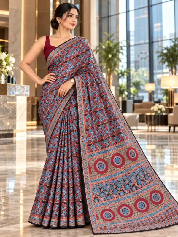 Royal Blue & Red Geometric Print Satin Saree | Kancholika
