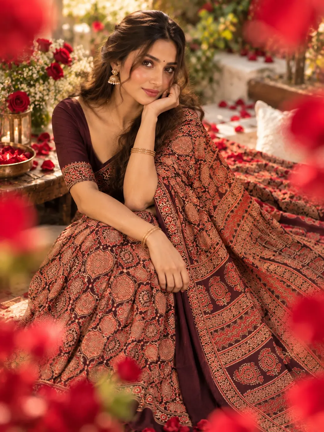 Royal Maroon Traditional Modal Silk Ajrakh Saree |Kancholika - Image 3