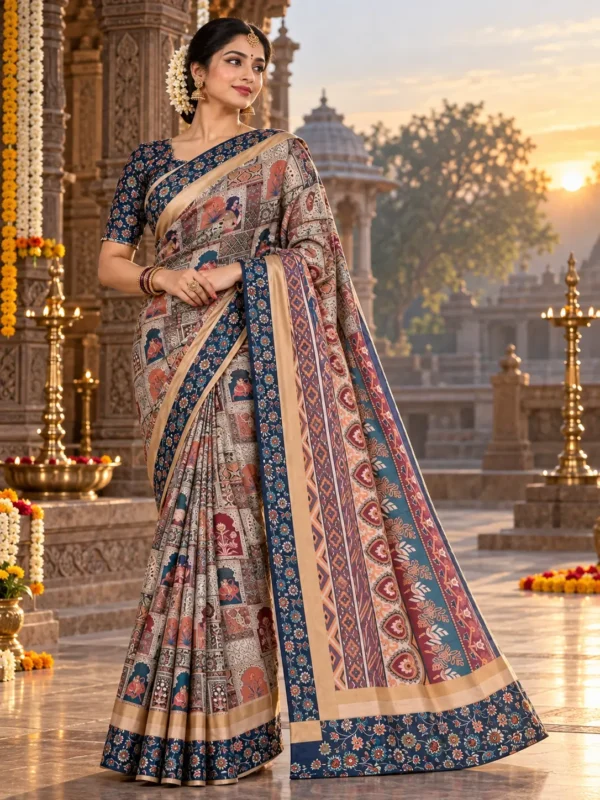Navy Blue & Multi-Color Heritage Print Silk-Blend Saree| Kancholika