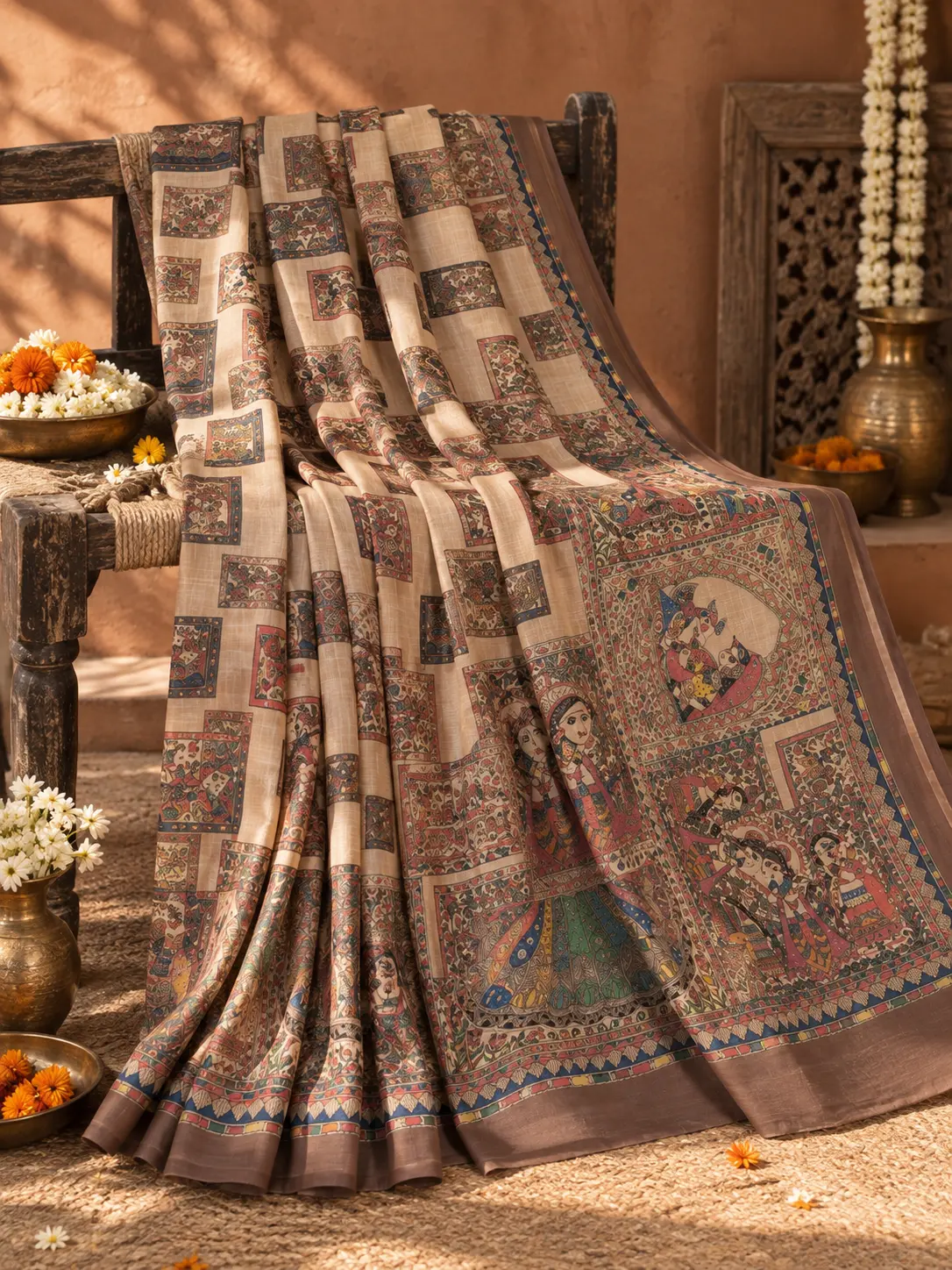 Beige Heritage Tushar Print Silk Madhubani Art Saree |Kancholika - Image 3
