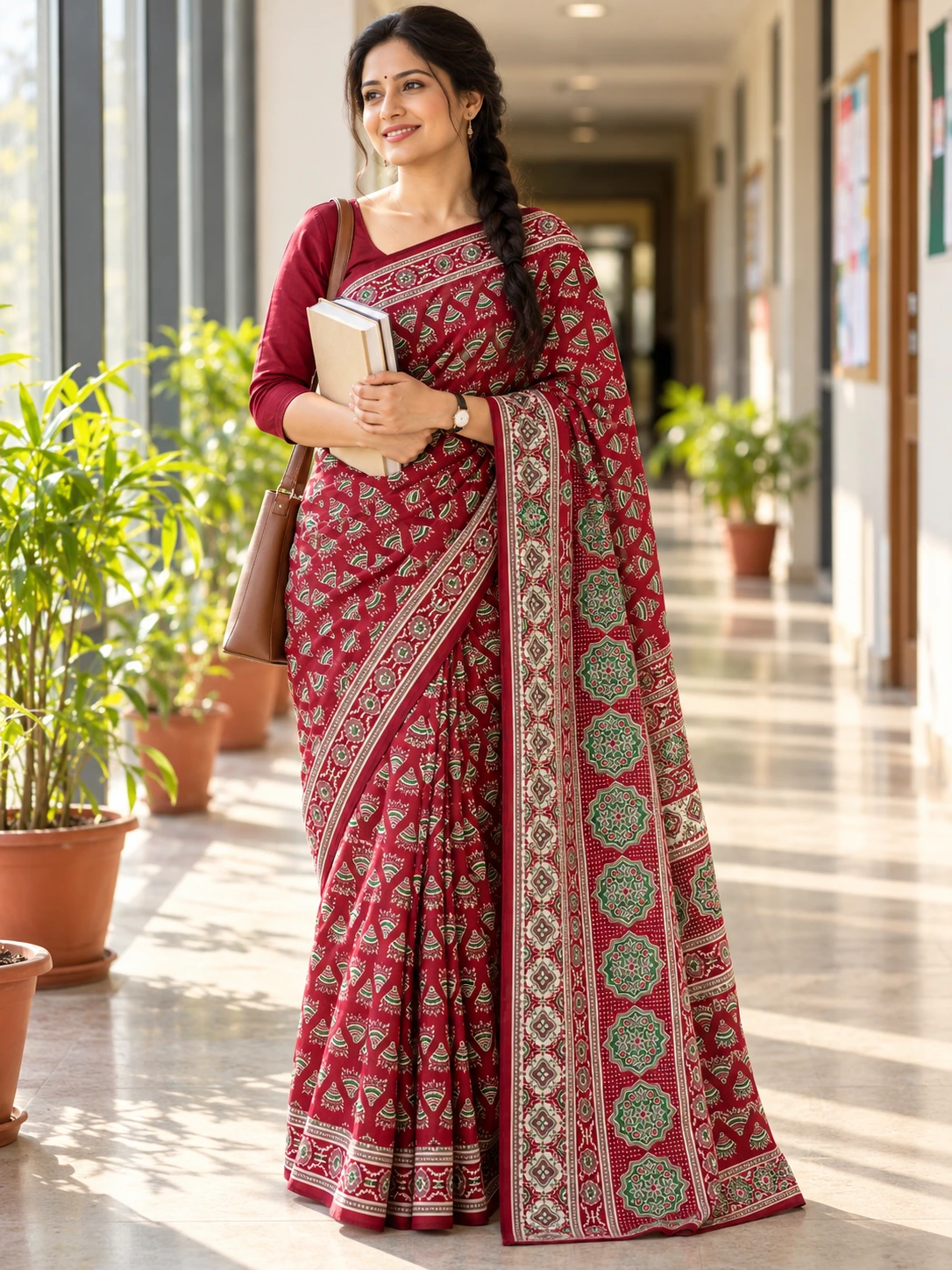 Rich Red & Green Block-Printed Cotton-Linen Saree | Kancholika - Image 2