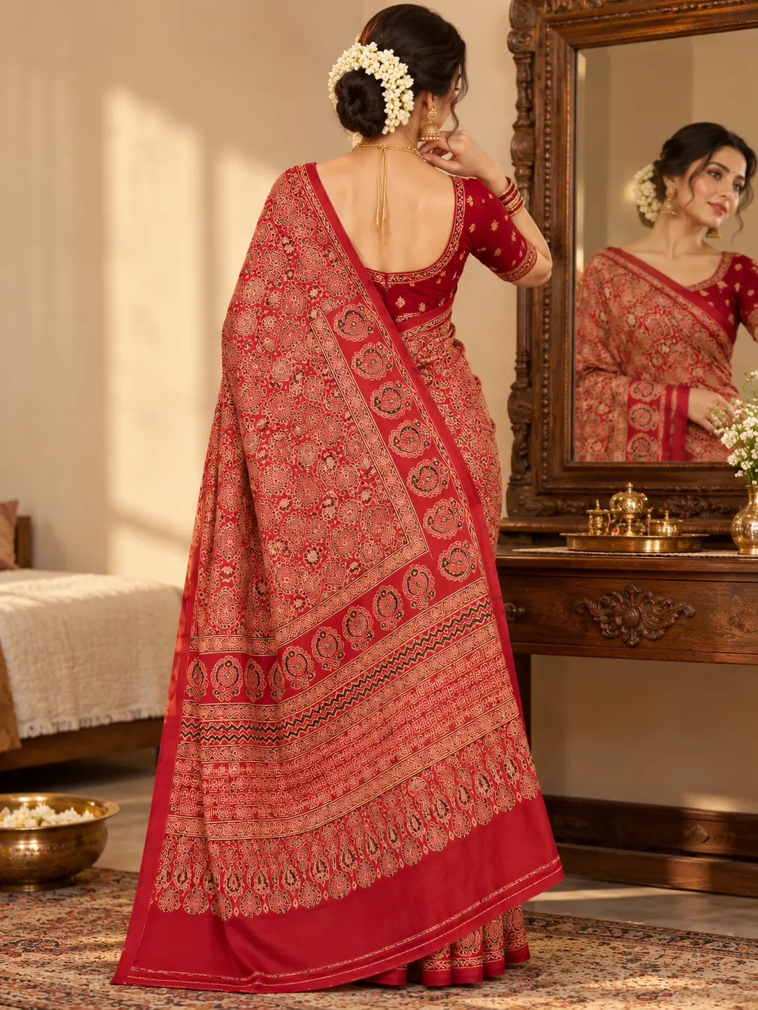 Crimson Red Authentic Ajrakh Print Saree| Kancholika - Image 4