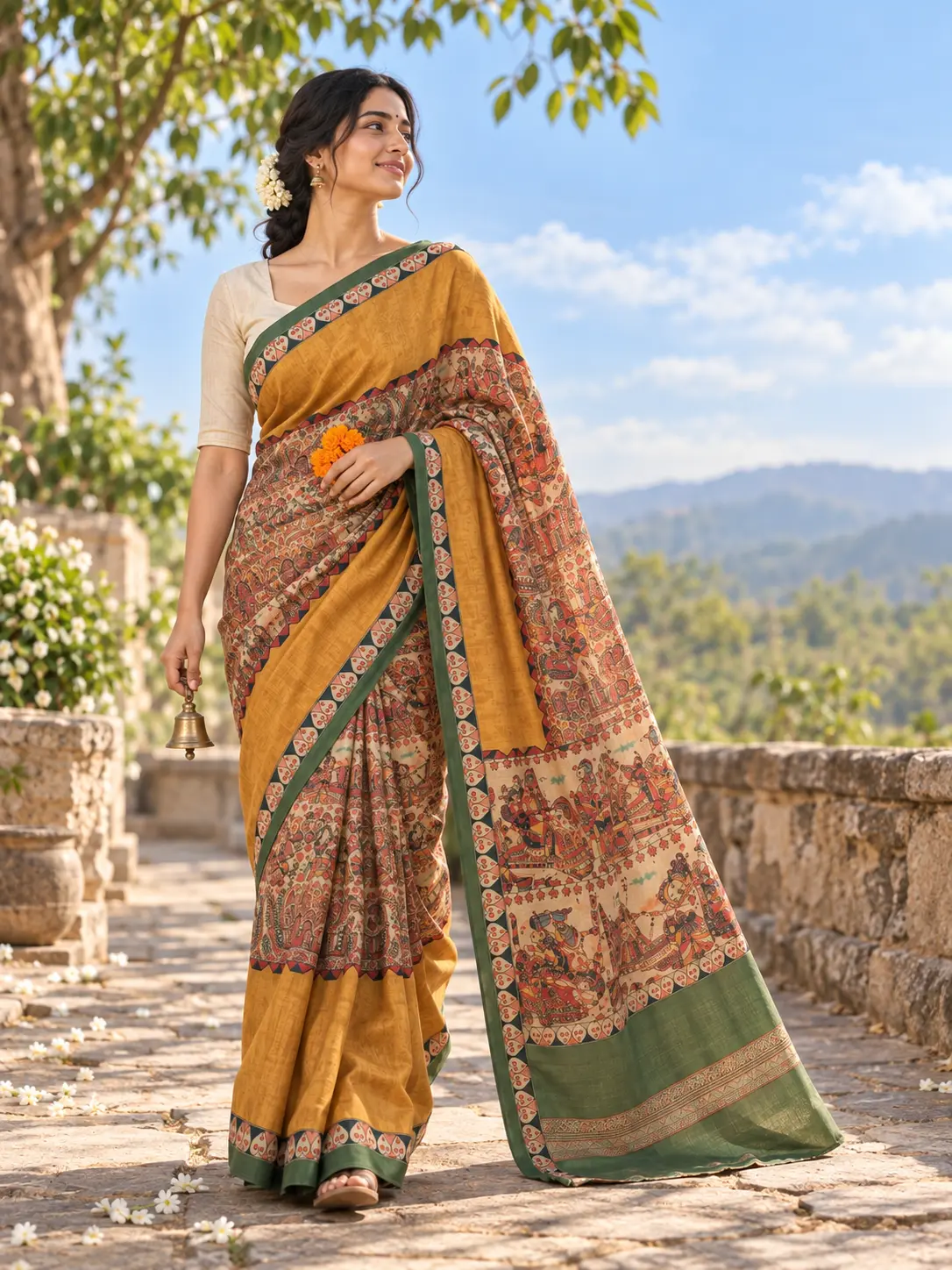 Kancholika Mustard & Green Handcrafted Handloom Khadi Tussar Saree| kancholika