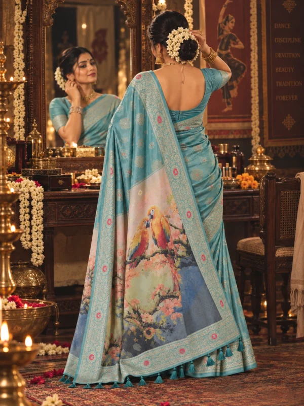 Sky Blue Floral Printed Saree with Artistic Parrot Pallu|Kancholika