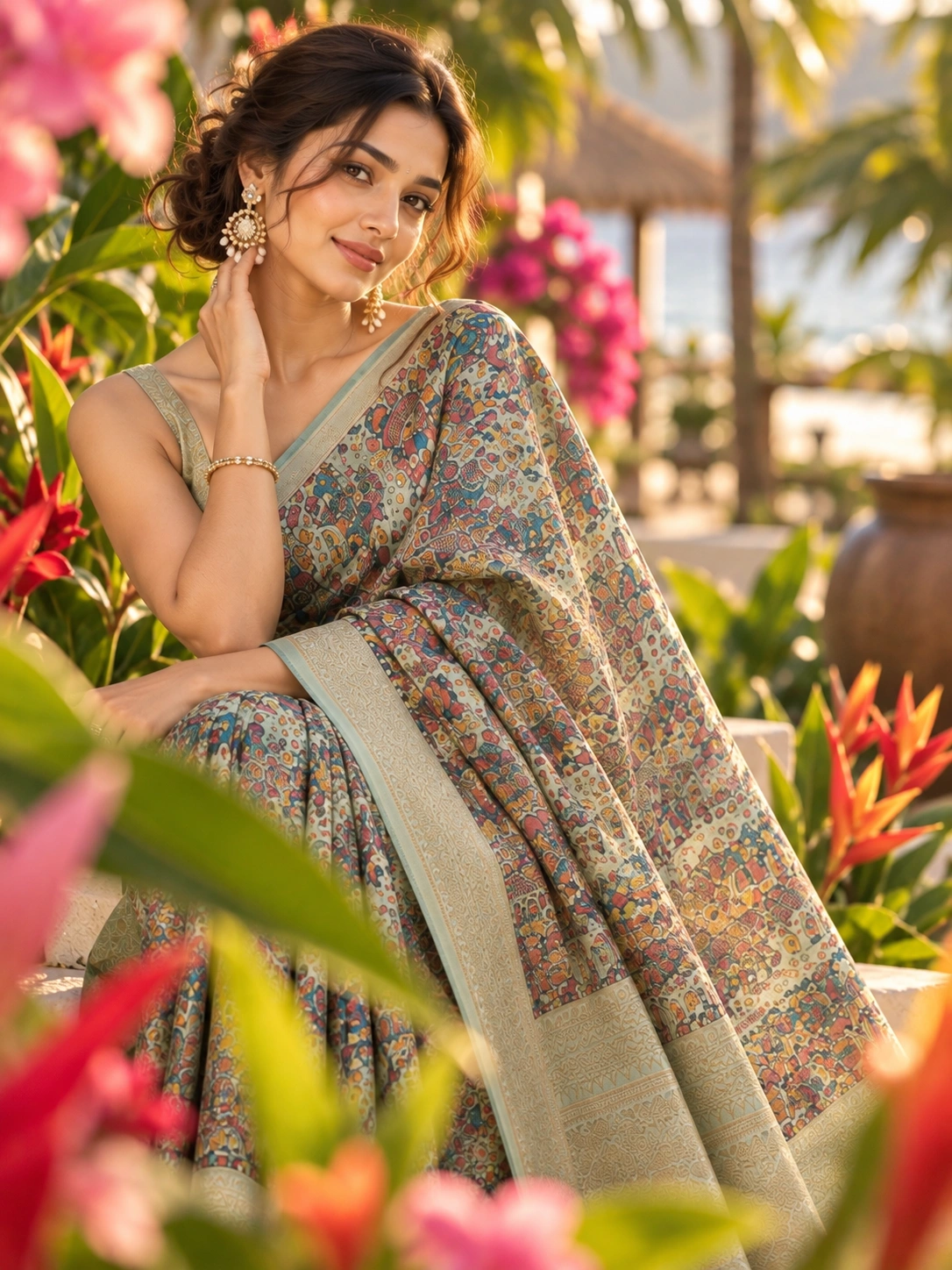 Sage Green Destination Print Silk-Chiffon Saree with Tassels| Kancholika - Image 2