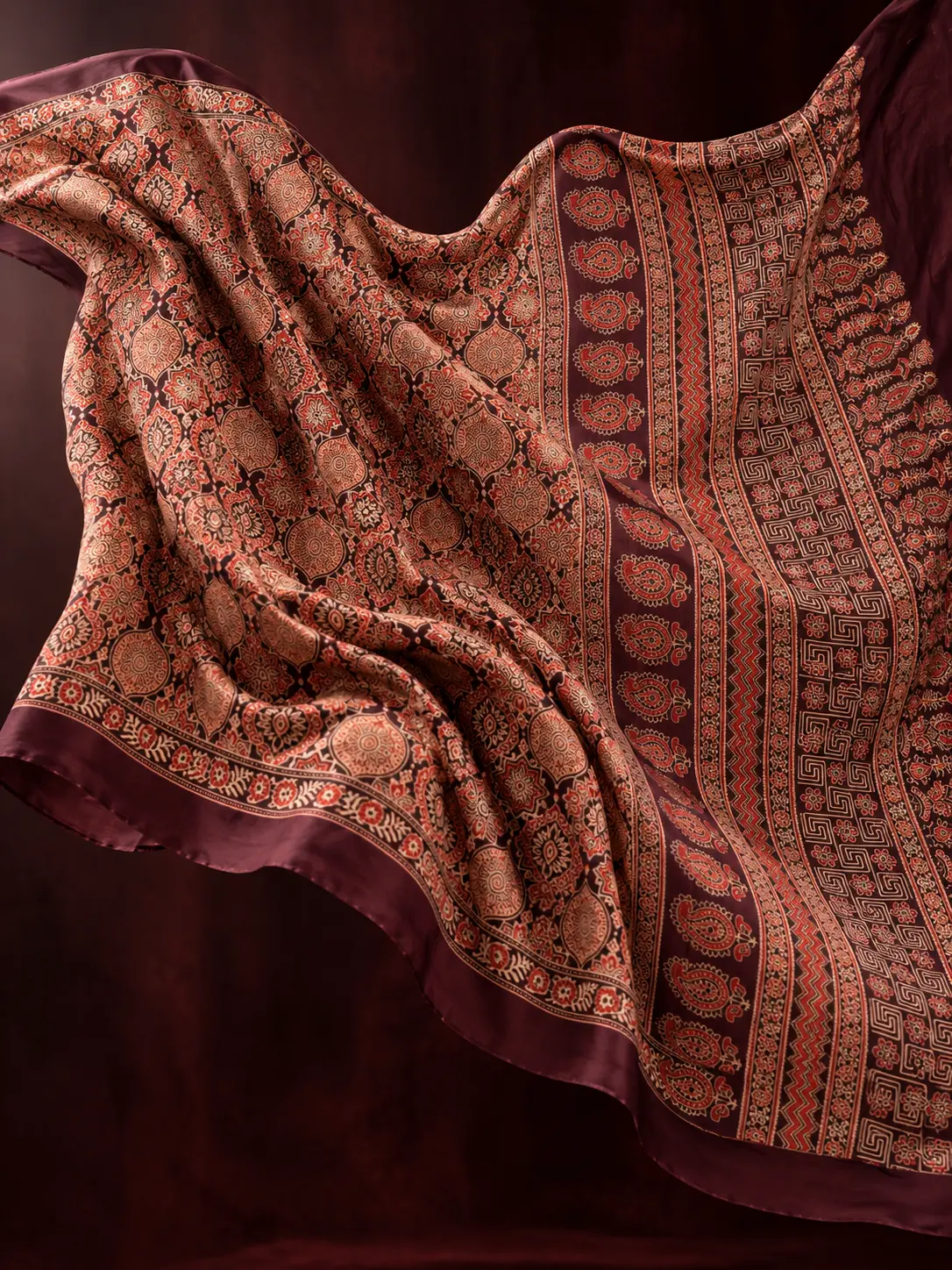 Royal Maroon Traditional Modal Silk Ajrakh Saree |Kancholika - Image 6