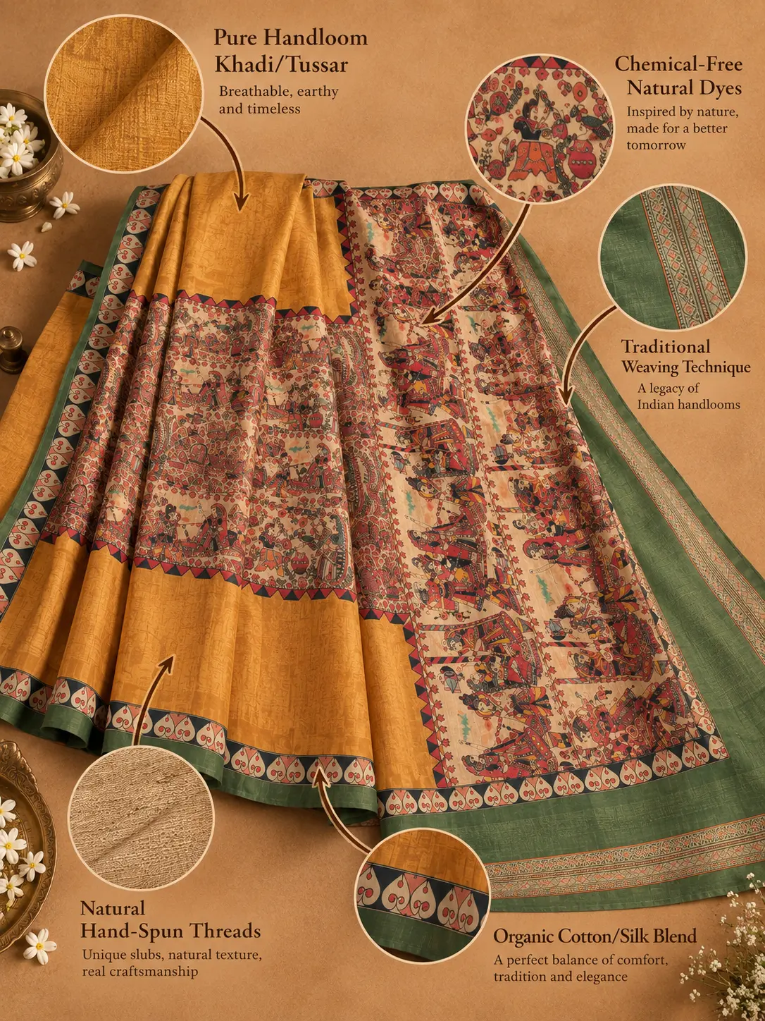 Kancholika Mustard & Green Handcrafted Handloom Khadi Tussar Saree| kancholika - Image 4
