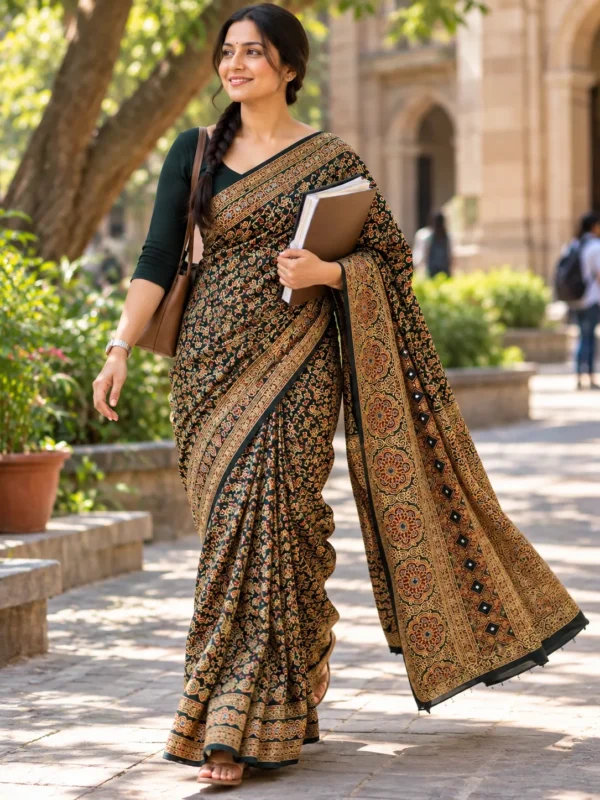 Black & Rust Heritage Block Print Cotton-Linen Saree| Kancholika